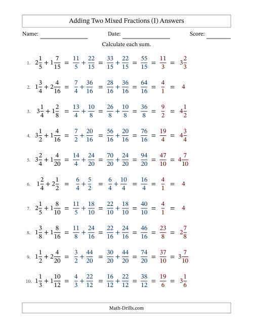 The Adding Two Mixed Fractions with Similar Denominators, Mixed Fractions Results and All Simplifying (Fillable) (I) Math Worksheet Page 2