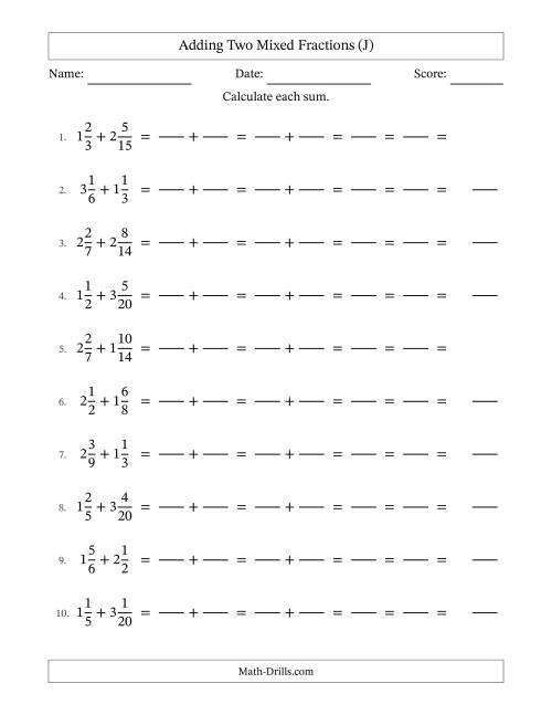 The Adding Two Mixed Fractions with Similar Denominators, Mixed Fractions Results and All Simplifying (Fillable) (J) Math Worksheet