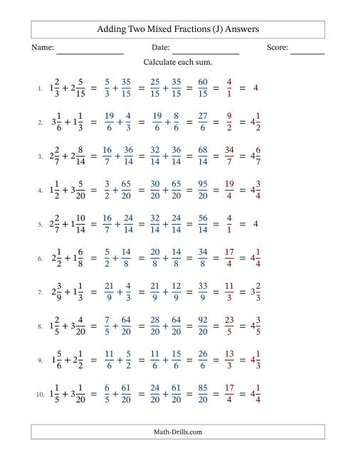 The Adding Two Mixed Fractions with Similar Denominators, Mixed Fractions Results and All Simplifying (Fillable) (J) Math Worksheet Page 2