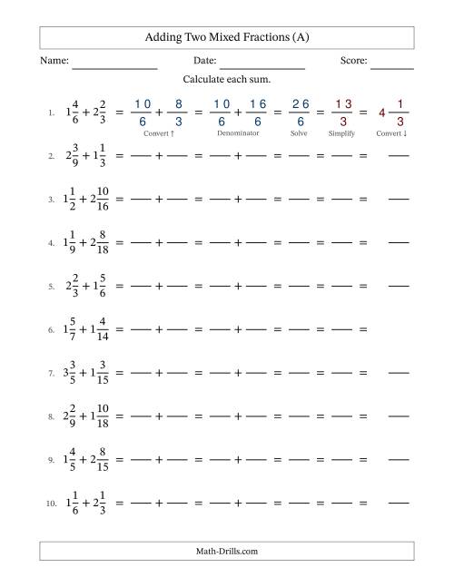 The Adding Two Mixed Fractions with Similar Denominators, Mixed Fractions Results and All Simplifying (Fillable) (All) Math Worksheet