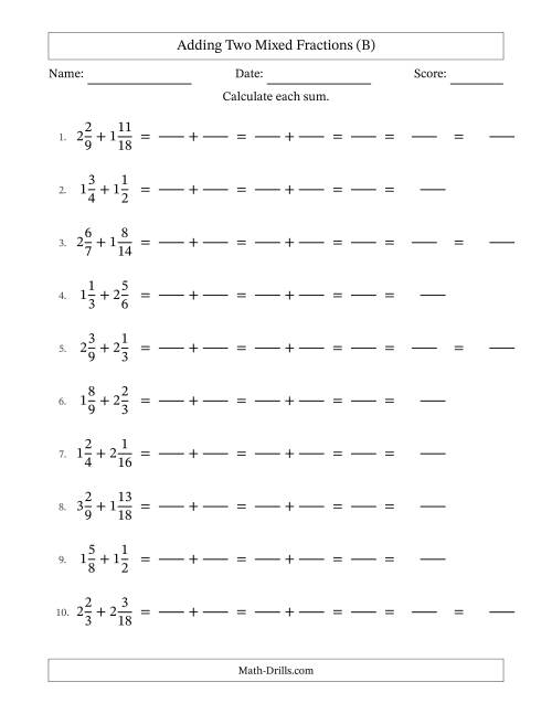 The Adding Two Mixed Fractions with Similar Denominators, Mixed Fractions Results and Some Simplifying (Fillable) (B) Math Worksheet