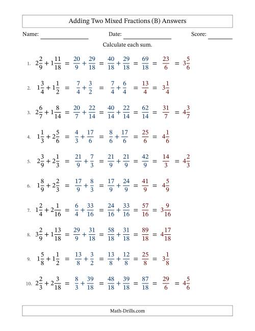 The Adding Two Mixed Fractions with Similar Denominators, Mixed Fractions Results and Some Simplifying (Fillable) (B) Math Worksheet Page 2