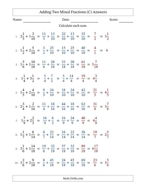 The Adding Two Mixed Fractions with Similar Denominators, Mixed Fractions Results and Some Simplifying (Fillable) (C) Math Worksheet Page 2