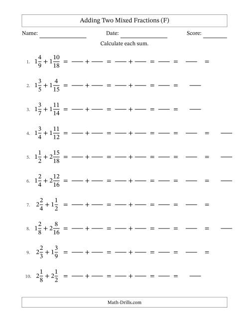 The Adding Two Mixed Fractions with Similar Denominators, Mixed Fractions Results and Some Simplifying (Fillable) (F) Math Worksheet