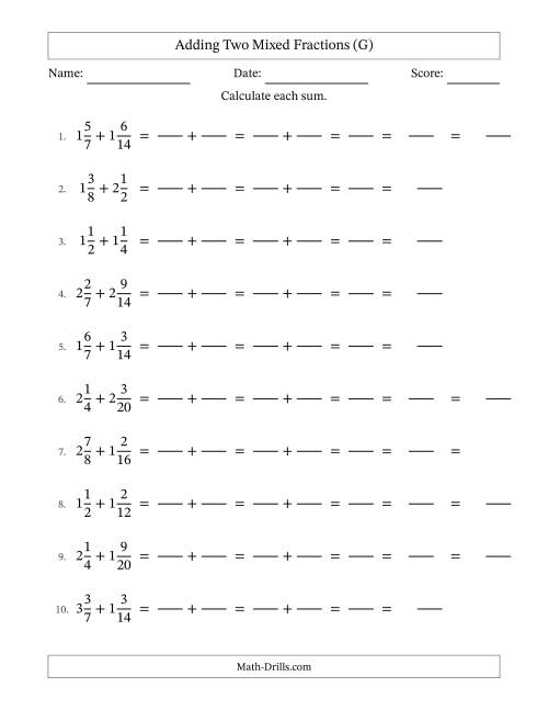 The Adding Two Mixed Fractions with Similar Denominators, Mixed Fractions Results and Some Simplifying (Fillable) (G) Math Worksheet