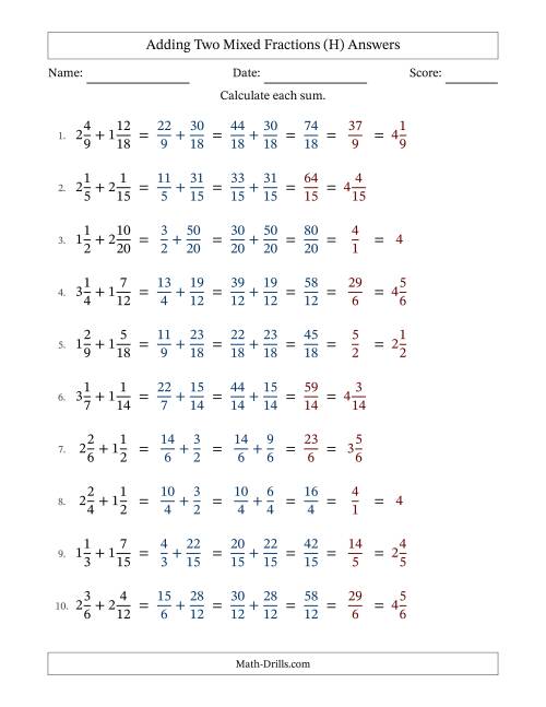 The Adding Two Mixed Fractions with Similar Denominators, Mixed Fractions Results and Some Simplifying (Fillable) (H) Math Worksheet Page 2