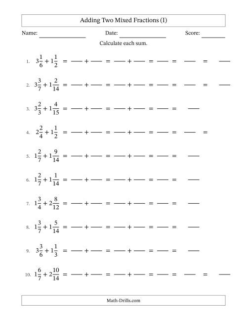 The Adding Two Mixed Fractions with Similar Denominators, Mixed Fractions Results and Some Simplifying (Fillable) (I) Math Worksheet