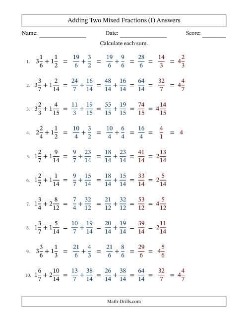 The Adding Two Mixed Fractions with Similar Denominators, Mixed Fractions Results and Some Simplifying (Fillable) (I) Math Worksheet Page 2