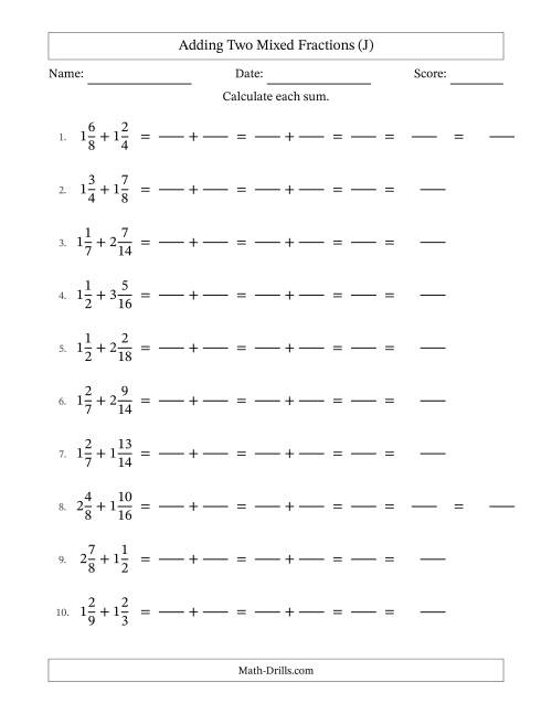 The Adding Two Mixed Fractions with Similar Denominators, Mixed Fractions Results and Some Simplifying (Fillable) (J) Math Worksheet