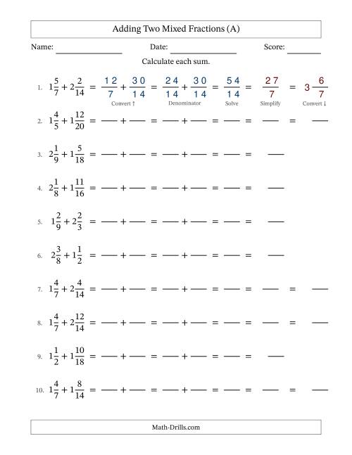 The Adding Two Mixed Fractions with Similar Denominators, Mixed Fractions Results and Some Simplifying (Fillable) (All) Math Worksheet