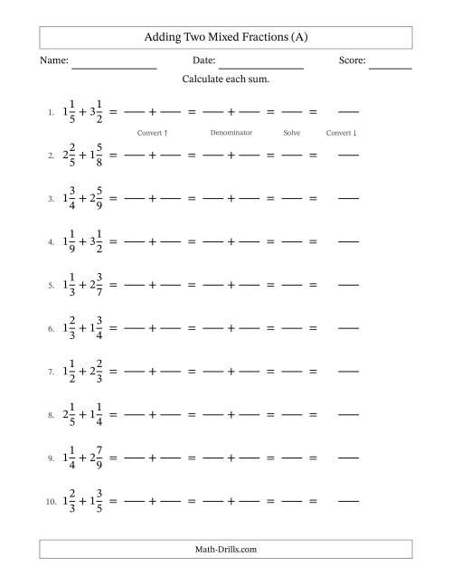 The Adding Two Mixed Fractions with Unlike Denominators, Mixed Fractions Results and No Simplifying (Fillable) (A) Math Worksheet