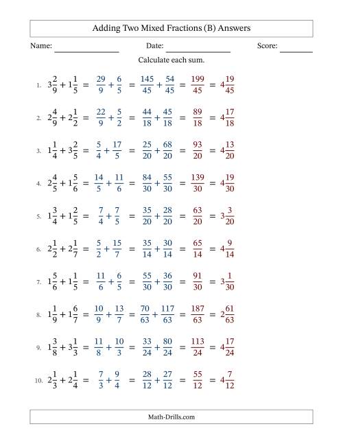The Adding Two Mixed Fractions with Unlike Denominators, Mixed Fractions Results and No Simplifying (Fillable) (B) Math Worksheet Page 2