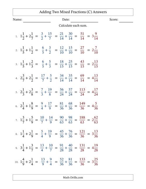 The Adding Two Mixed Fractions with Unlike Denominators, Mixed Fractions Results and No Simplifying (Fillable) (C) Math Worksheet Page 2