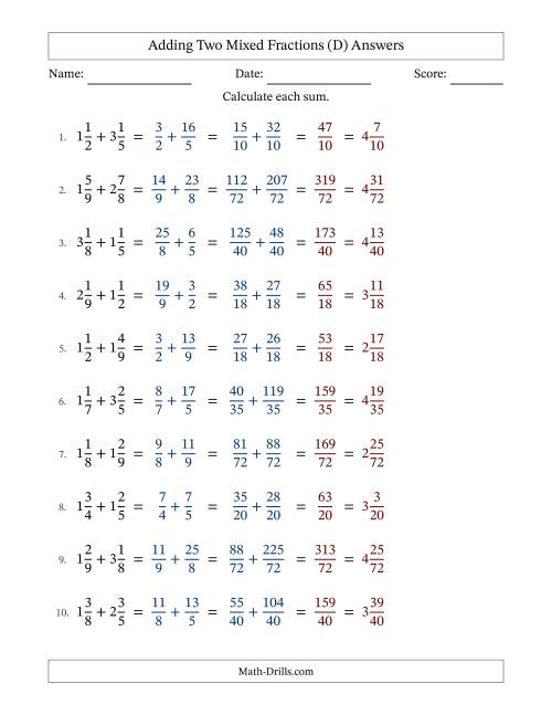 The Adding Two Mixed Fractions with Unlike Denominators, Mixed Fractions Results and No Simplifying (Fillable) (D) Math Worksheet Page 2