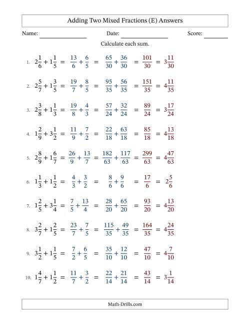 The Adding Two Mixed Fractions with Unlike Denominators, Mixed Fractions Results and No Simplifying (Fillable) (E) Math Worksheet Page 2