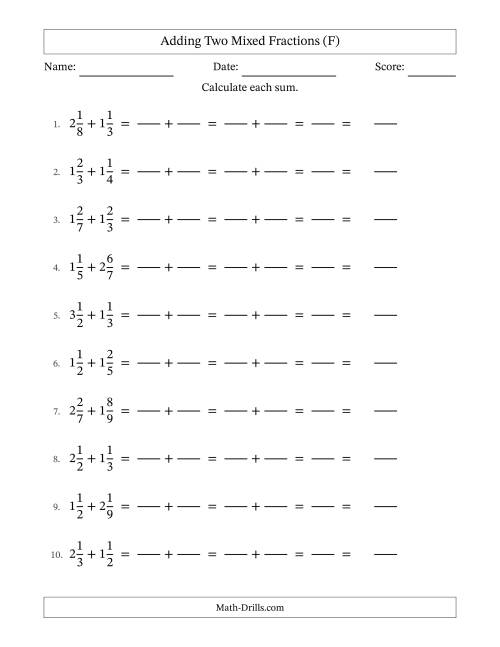The Adding Two Mixed Fractions with Unlike Denominators, Mixed Fractions Results and No Simplifying (Fillable) (F) Math Worksheet