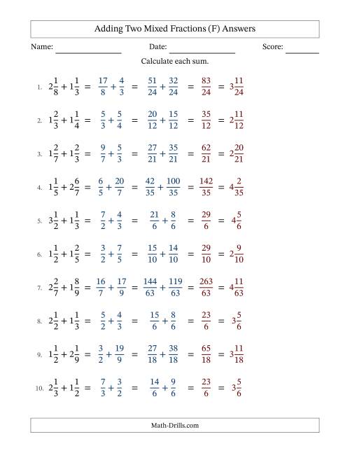 The Adding Two Mixed Fractions with Unlike Denominators, Mixed Fractions Results and No Simplifying (Fillable) (F) Math Worksheet Page 2