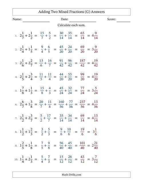 The Adding Two Mixed Fractions with Unlike Denominators, Mixed Fractions Results and No Simplifying (Fillable) (G) Math Worksheet Page 2