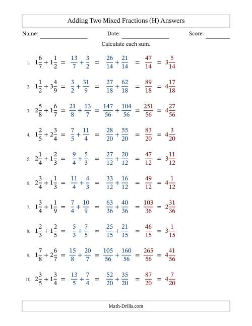 The Adding Two Mixed Fractions with Unlike Denominators, Mixed Fractions Results and No Simplifying (Fillable) (H) Math Worksheet Page 2
