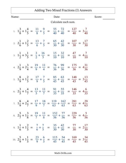 The Adding Two Mixed Fractions with Unlike Denominators, Mixed Fractions Results and No Simplifying (Fillable) (I) Math Worksheet Page 2