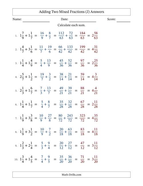 The Adding Two Mixed Fractions with Unlike Denominators, Mixed Fractions Results and No Simplifying (Fillable) (J) Math Worksheet Page 2