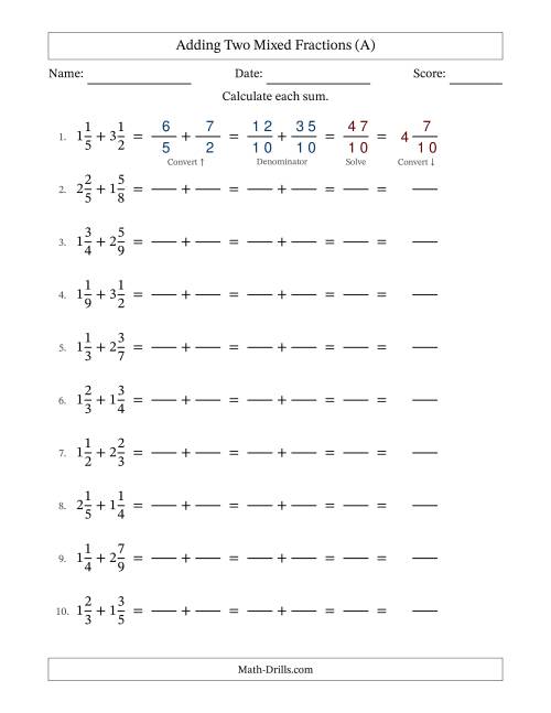 The Adding Two Mixed Fractions with Unlike Denominators, Mixed Fractions Results and No Simplifying (Fillable) (All) Math Worksheet