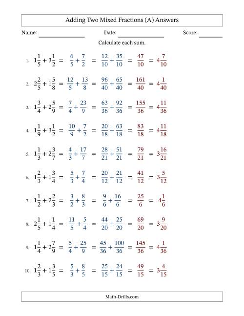 The Adding Two Mixed Fractions with Unlike Denominators, Mixed Fractions Results and No Simplifying (Fillable) (All) Math Worksheet Page 2