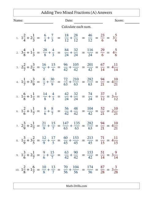 The Adding Two Mixed Fractions with Unlike Denominators, Mixed Fractions Results and All Simplifying (Fillable) (A) Math Worksheet Page 2