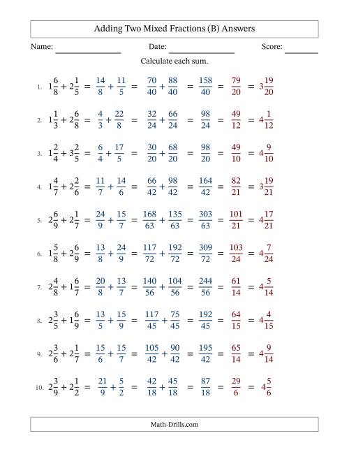 The Adding Two Mixed Fractions with Unlike Denominators, Mixed Fractions Results and All Simplifying (Fillable) (B) Math Worksheet Page 2