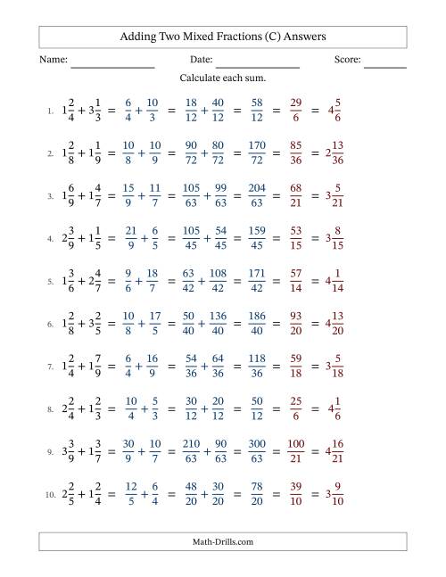 The Adding Two Mixed Fractions with Unlike Denominators, Mixed Fractions Results and All Simplifying (Fillable) (C) Math Worksheet Page 2