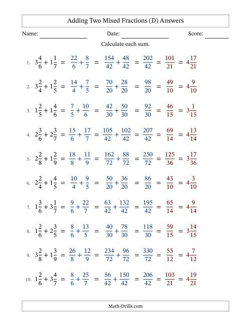 The Adding Two Mixed Fractions with Unlike Denominators, Mixed Fractions Results and All Simplifying (Fillable) (D) Math Worksheet Page 2