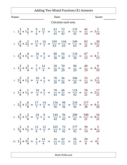 The Adding Two Mixed Fractions with Unlike Denominators, Mixed Fractions Results and All Simplifying (Fillable) (E) Math Worksheet Page 2