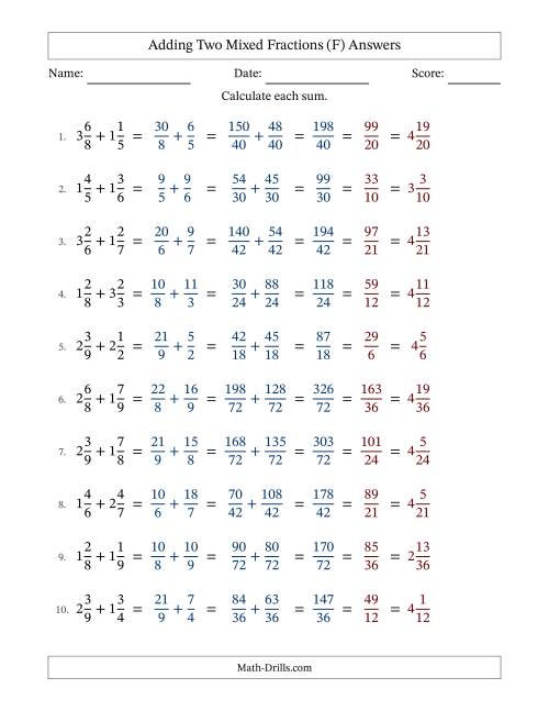 The Adding Two Mixed Fractions with Unlike Denominators, Mixed Fractions Results and All Simplifying (Fillable) (F) Math Worksheet Page 2