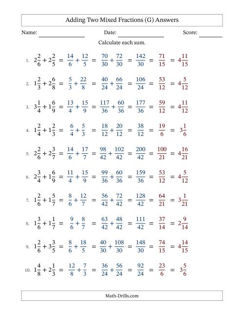 The Adding Two Mixed Fractions with Unlike Denominators, Mixed Fractions Results and All Simplifying (Fillable) (G) Math Worksheet Page 2