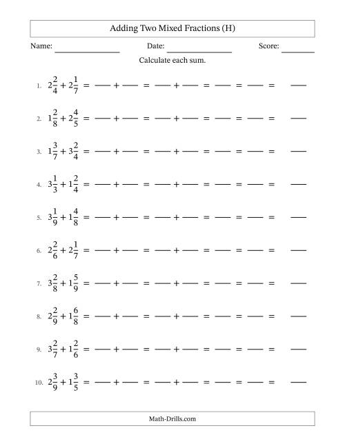 The Adding Two Mixed Fractions with Unlike Denominators, Mixed Fractions Results and All Simplifying (Fillable) (H) Math Worksheet