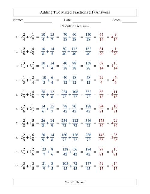 The Adding Two Mixed Fractions with Unlike Denominators, Mixed Fractions Results and All Simplifying (Fillable) (H) Math Worksheet Page 2
