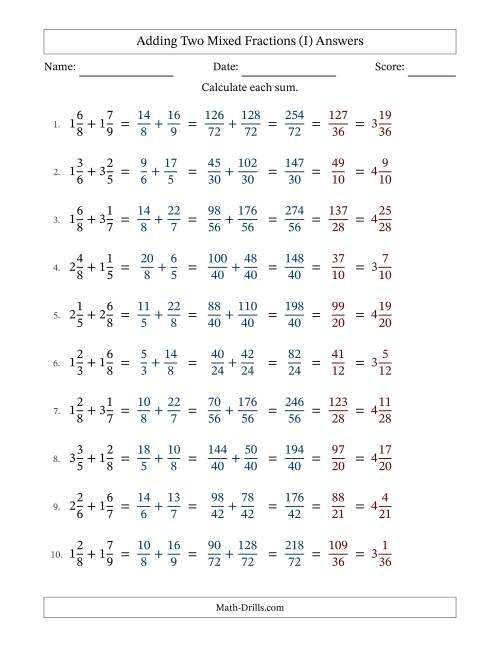 The Adding Two Mixed Fractions with Unlike Denominators, Mixed Fractions Results and All Simplifying (Fillable) (I) Math Worksheet Page 2