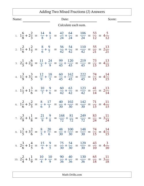 The Adding Two Mixed Fractions with Unlike Denominators, Mixed Fractions Results and All Simplifying (Fillable) (J) Math Worksheet Page 2