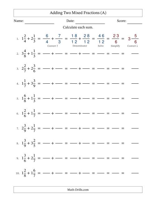 The Adding Two Mixed Fractions with Unlike Denominators, Mixed Fractions Results and All Simplifying (Fillable) (All) Math Worksheet