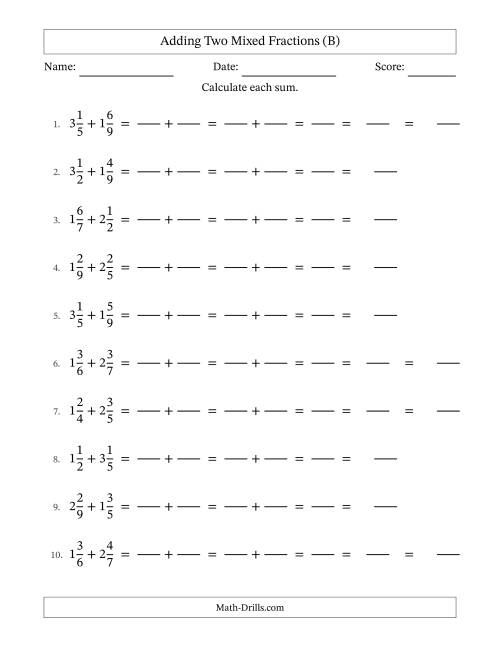 The Adding Two Mixed Fractions with Unlike Denominators, Mixed Fractions Results and Some Simplifying (Fillable) (B) Math Worksheet
