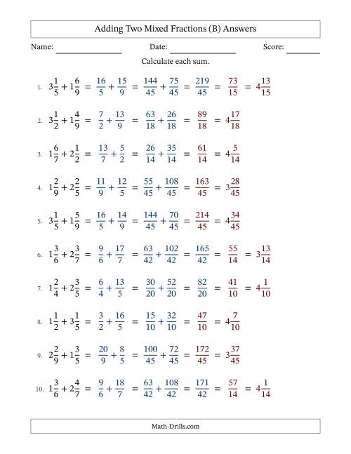 The Adding Two Mixed Fractions with Unlike Denominators, Mixed Fractions Results and Some Simplifying (Fillable) (B) Math Worksheet Page 2