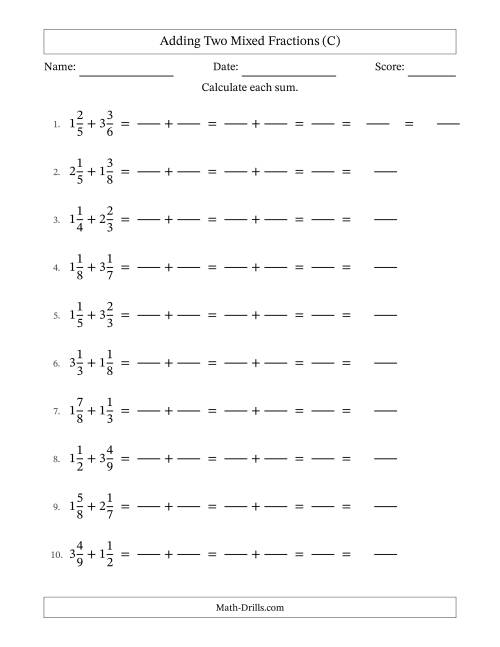 The Adding Two Mixed Fractions with Unlike Denominators, Mixed Fractions Results and Some Simplifying (Fillable) (C) Math Worksheet