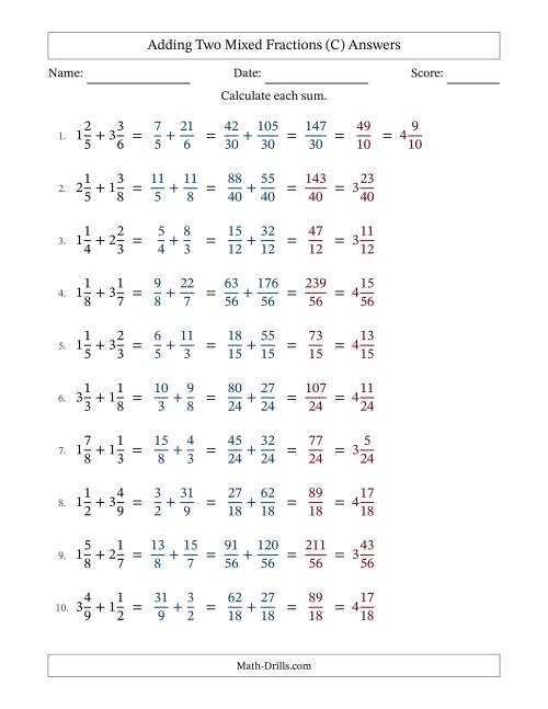 The Adding Two Mixed Fractions with Unlike Denominators, Mixed Fractions Results and Some Simplifying (Fillable) (C) Math Worksheet Page 2