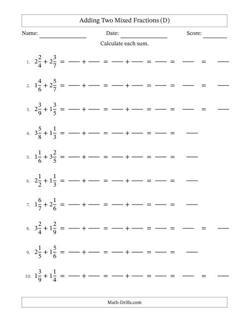 The Adding Two Mixed Fractions with Unlike Denominators, Mixed Fractions Results and Some Simplifying (Fillable) (D) Math Worksheet