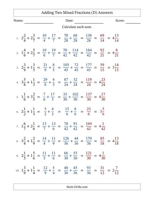 The Adding Two Mixed Fractions with Unlike Denominators, Mixed Fractions Results and Some Simplifying (Fillable) (D) Math Worksheet Page 2