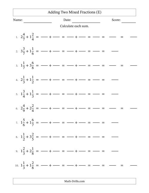 The Adding Two Mixed Fractions with Unlike Denominators, Mixed Fractions Results and Some Simplifying (Fillable) (E) Math Worksheet