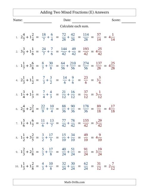 The Adding Two Mixed Fractions with Unlike Denominators, Mixed Fractions Results and Some Simplifying (Fillable) (E) Math Worksheet Page 2
