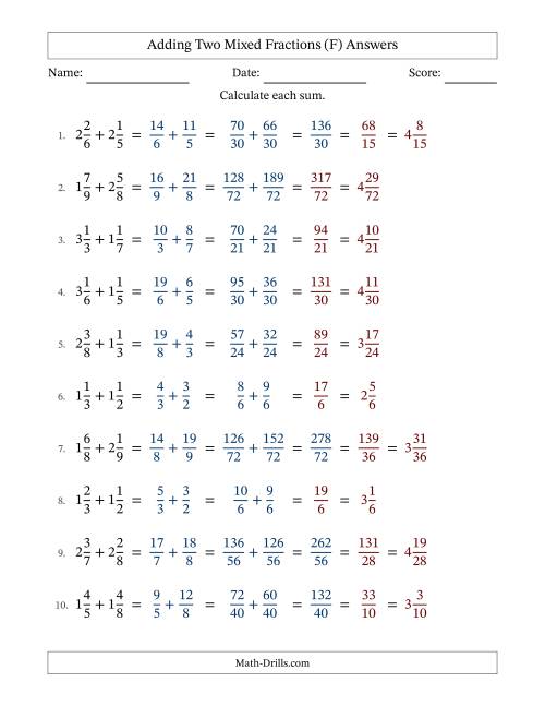 The Adding Two Mixed Fractions with Unlike Denominators, Mixed Fractions Results and Some Simplifying (Fillable) (F) Math Worksheet Page 2