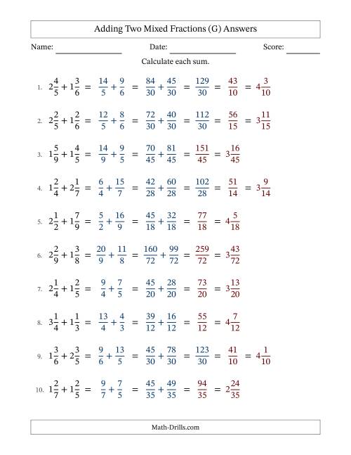 The Adding Two Mixed Fractions with Unlike Denominators, Mixed Fractions Results and Some Simplifying (Fillable) (G) Math Worksheet Page 2