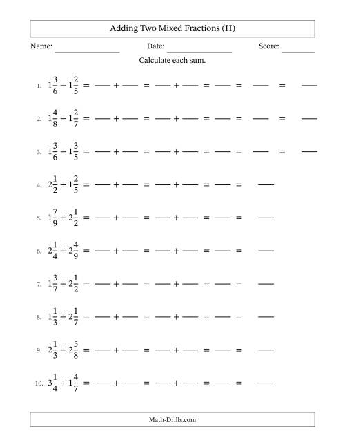 The Adding Two Mixed Fractions with Unlike Denominators, Mixed Fractions Results and Some Simplifying (Fillable) (H) Math Worksheet
